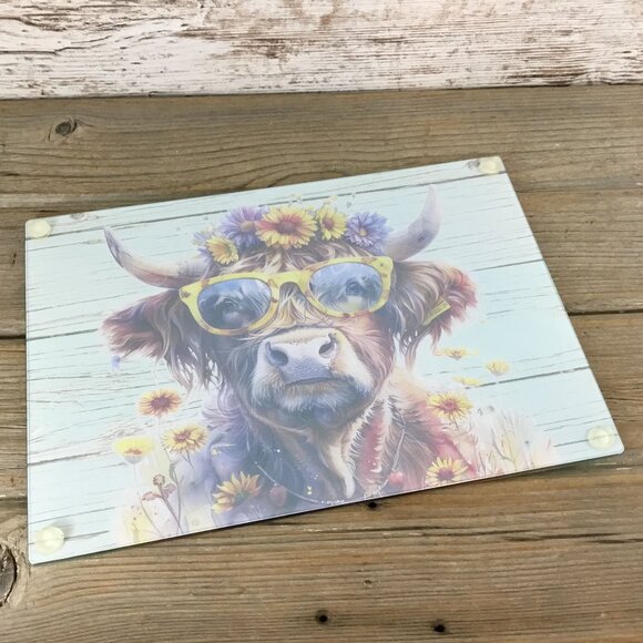 Boho Hippie Highland Cow Glass Cutting Board - Picture 6 of 8